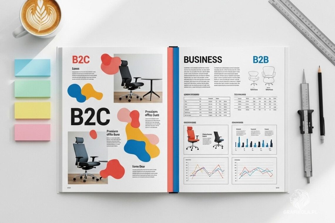 Porównanie katalogu B2B i B2C — otwarty katalog na biurku; lewa strona lifestyle z dużymi zdjęciami (B2C), prawa strona z tabelami i wykresami (B2B)