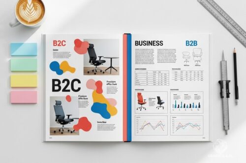 Porównanie katalogu B2B i B2C — otwarty katalog na biurku; lewa strona lifestyle z dużymi zdjęciami (B2C), prawa strona z tabelami i wykresami (B2B)