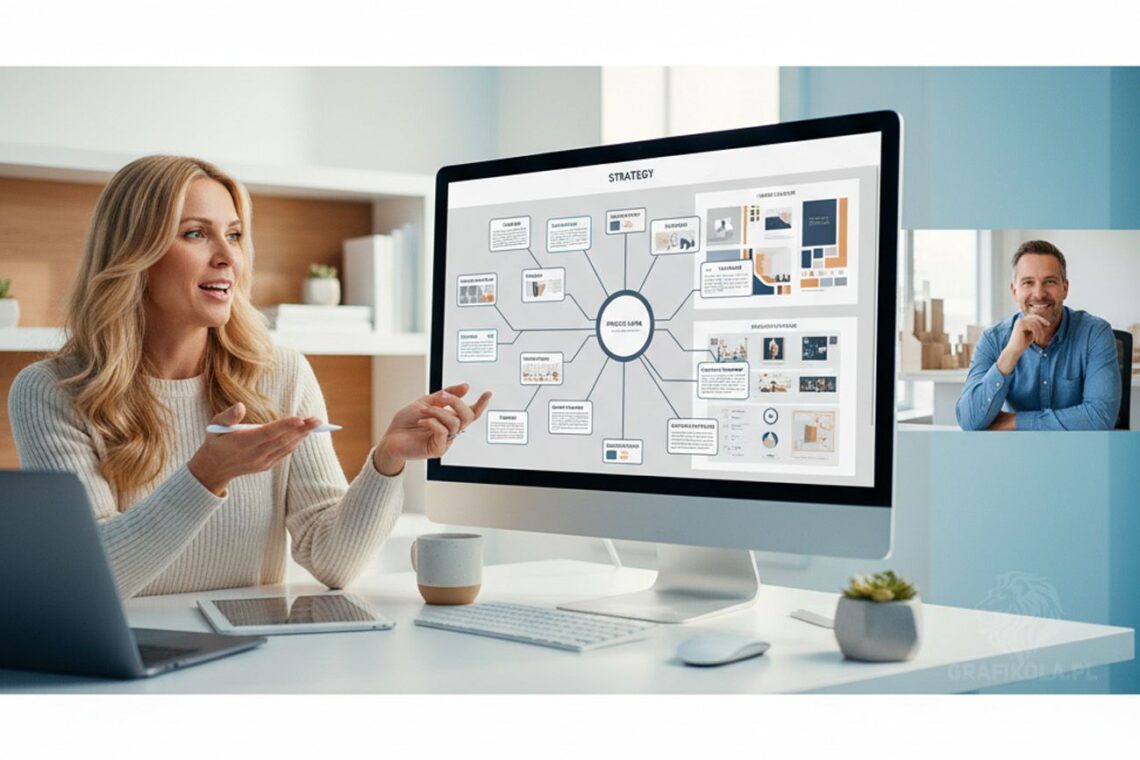 Kobieta - grafik prowadząca warsztat strategiczny (Metoda Transparentnej Kreacji) z klientem online