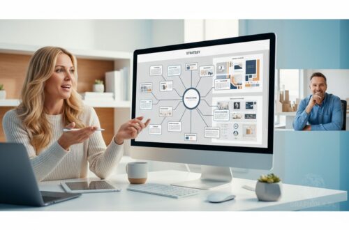 Kobieta - grafik prowadząca warsztat strategiczny (Metoda Transparentnej Kreacji) z klientem online