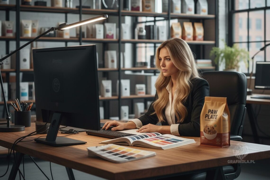 Projektantka Grafikola pracująca nad layoutem graficznym opakowania karmy dla psów w ramach Metody Transparentnej Kreacji