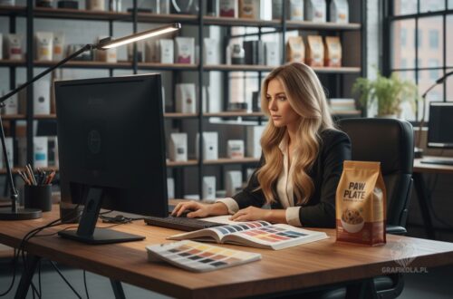 Projektantka Grafikola pracująca nad layoutem graficznym opakowania karmy dla psów w ramach Metody Transparentnej Kreacji