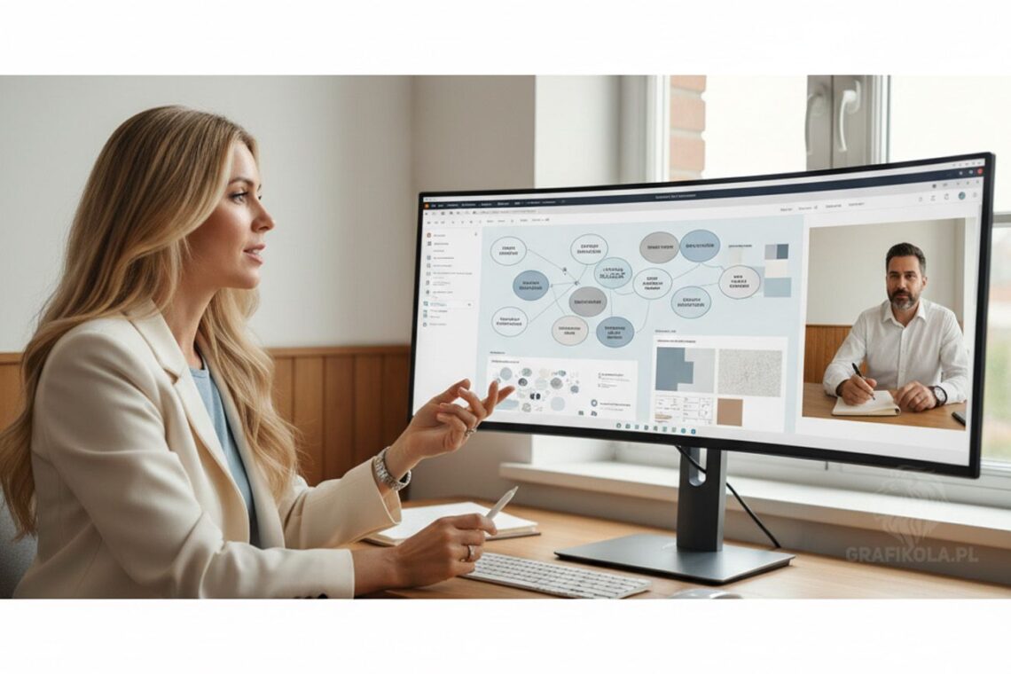 Projektantka Grafikola prowadząca Warsztat Strategiczny MTK online z klientem, omawiając strategię projektu katalogu.