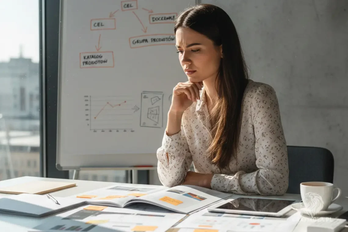 Zamyślona kobieta w biurze analizująca brief do katalogu firmowego, planowanie strategii marketingowej.