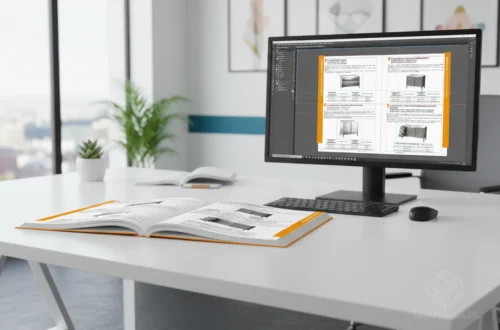 Projektowanie katalogów produktowych B2B – wizualizacja siatki projektowej i układu treści.