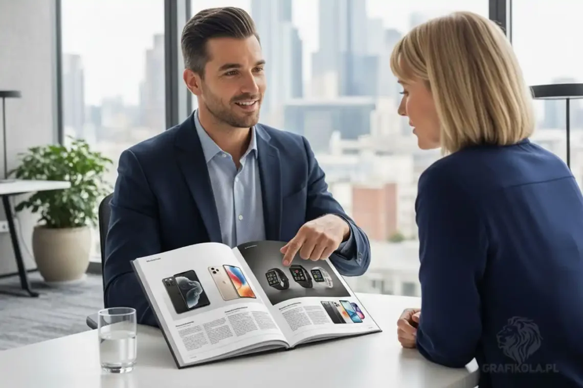 • Handlowiec używający katalogu produktowego na spotkaniu biznesowym jako narzędzie wsparcia sprzedaży