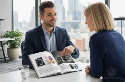 • Handlowiec używający katalogu produktowego na spotkaniu biznesowym jako narzędzie wsparcia sprzedaży