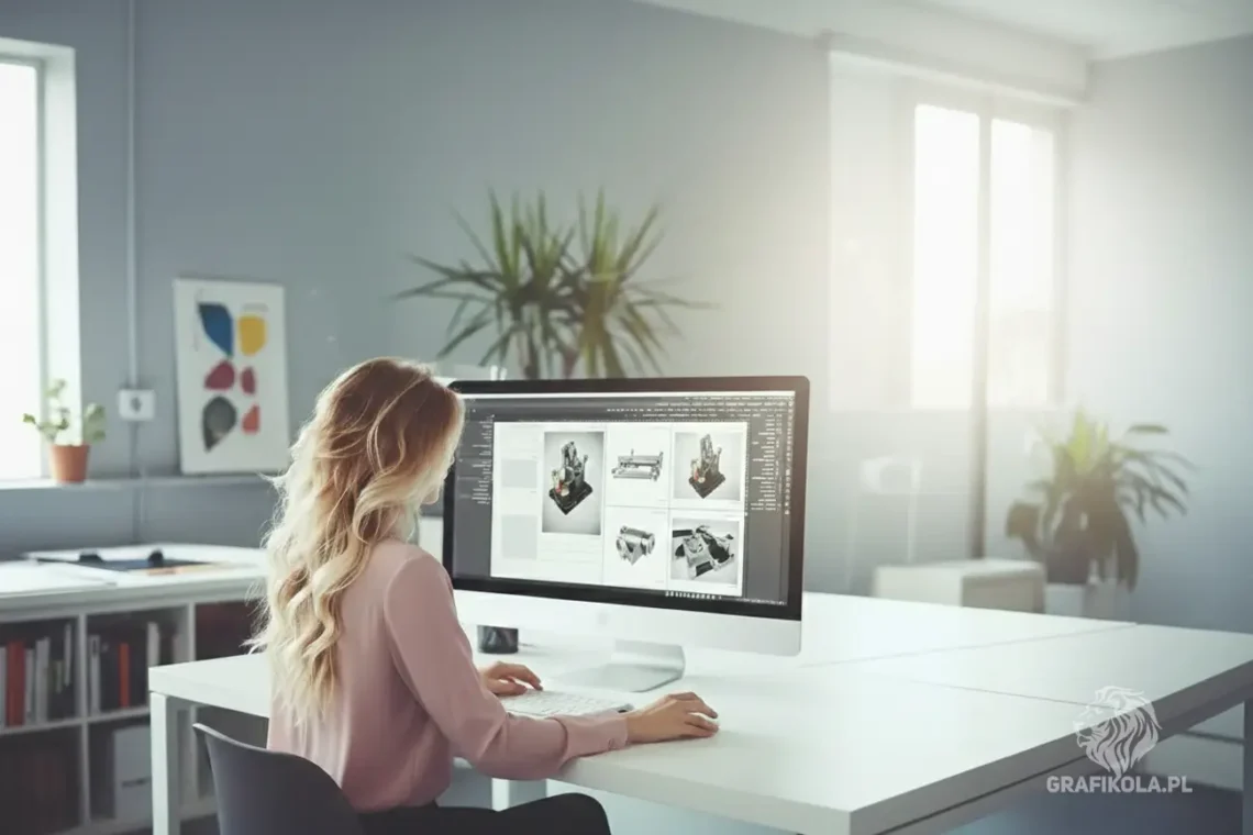 Kobieta projektująca katalog produktowy na komputerze w studiu Grafikola.