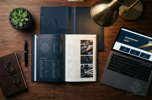 Elegancki drukowany katalog produktowy leżący obok tabletu z otwartą stroną internetową tej samej marki — synergia druku i digitalu, Grafikola.pl