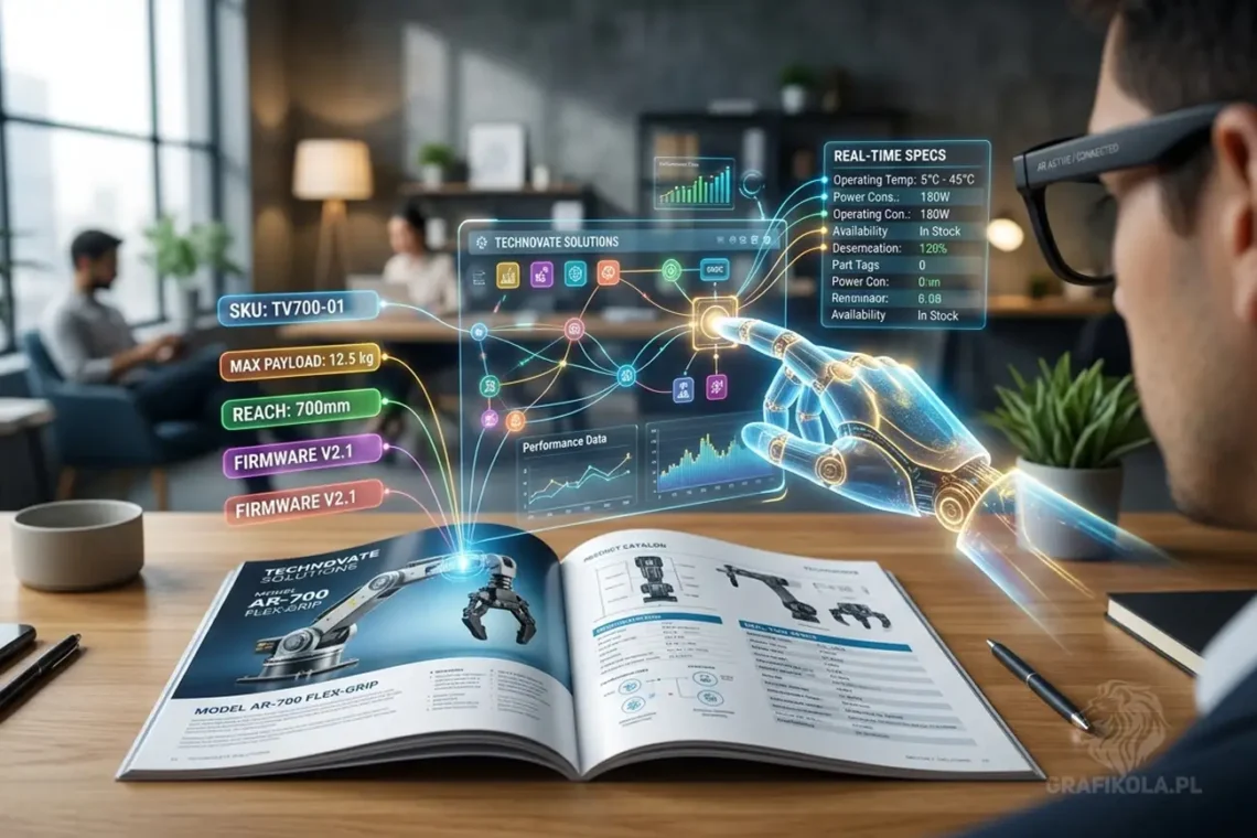 Nowoczesny projekt katalogu produktowego Grafikola z widocznymi warstwami danych tekstowych gotowych do odczytu przez AI.